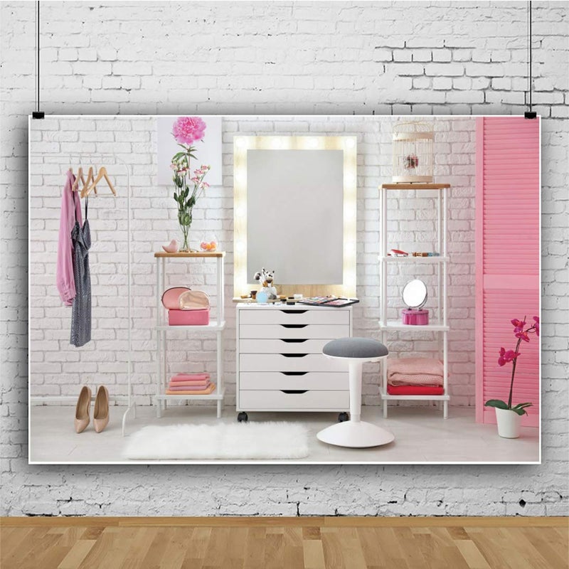 AOFOTO 7x5ft Pink Makeup Room Interior Background for Photography Modern Professional Room Salon White Wall Make-up Mirror Cosmetics and Tools on Dressing Table Backdrop Photo Studio Props Vinyl - Image 2